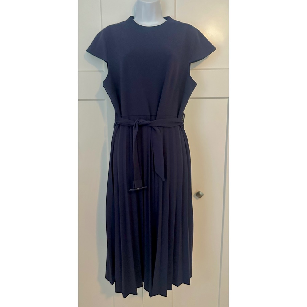 Hobemty Navy Blue Pleated Midi Dress Cap Sleeve Belted XXL